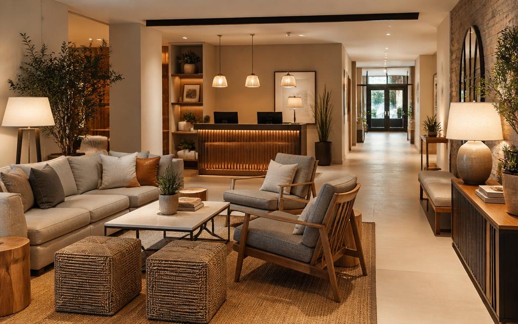 Ett välkomnande boutiquehotell-lobby med varmt ljus och skandinavisk design